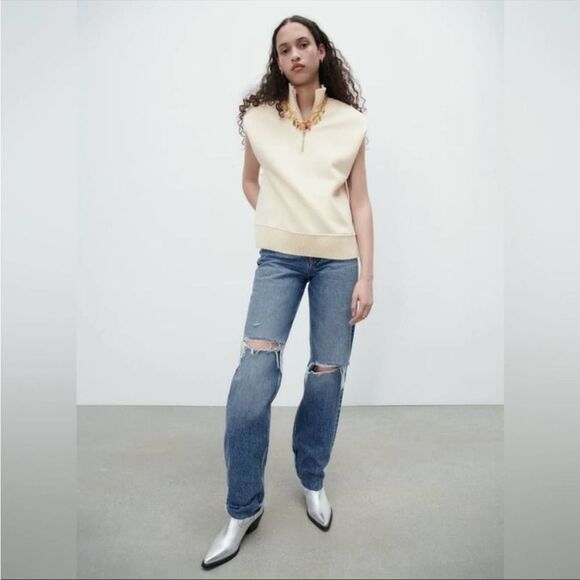 Zara NWT Plush Vest Padded Shoulders High Collar Size S Plush Ecru Light Yellow - Picture 2 of 11